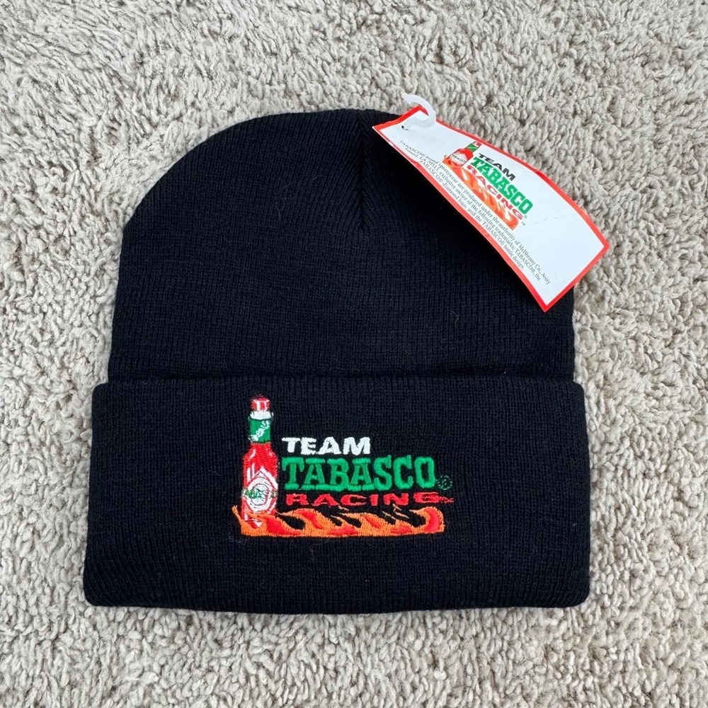 Team Tabasco Racing Beanie  NASCAR Black Triple Line Flame Logo Knit Cap Vtg NWT